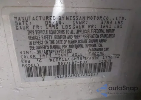 2014 Nissan Sentra Fe+ S/Fe+ Sv/S/Sl/Sr/Sv из США, поврежденный, VIN 3N1AB7AP2EY251153